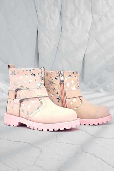 Rakerplus Chiron Genuine Leather Powder Star Patterned Zippered Fur Girl's Boots