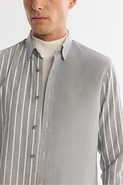 Avva Erkek Antrasit Düğmeli Yaka %100 Pamuk Çizgili Regular Fit Gömlek A42Y2044