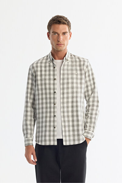 Avva Men's Khaki Button-Down Collar 100% Cotton Plaid Regular Fit Shirt A42Y2035