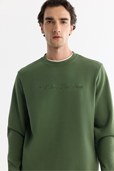 Avva Ανδρικό φούτερ με λαιμόκοψη χακί, βαμβακερό εμπριμέ ελαστάνη, κανονική εφαρμογή A42Y1221