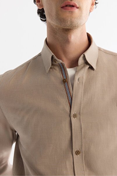Avva Men's Beige Buttoned Collar 100% Cotton Patterned Slim Fit Shirt A42Y2049