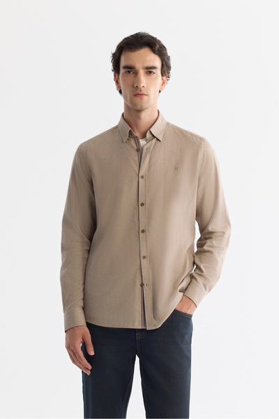 Avva Men's Beige Buttoned Collar 100% Cotton Patterned Slim Fit Shirt A42Y2049