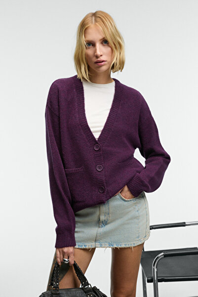 GRIMELANGE Esencia Women's V-Neck Long Sleeve Buttoned Pocketed Soft Textured Regular Knitwear Purple Sweater