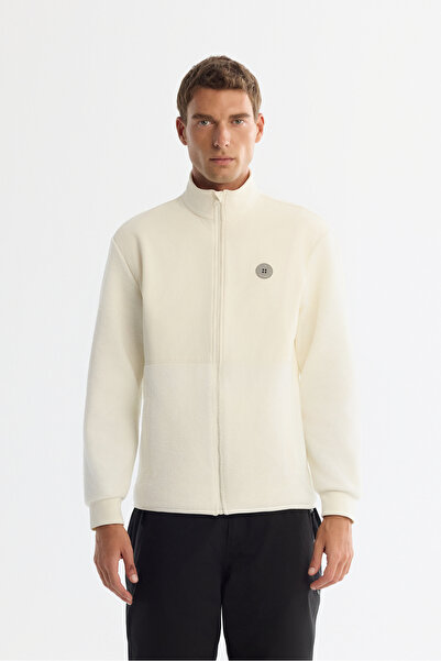 Avva Men's Ecru Cold Resistant Stand Collar Zippered Fleece Regular Fit Sweatshirt A42Y1311