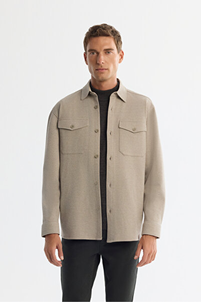 Avva Ανδρικό μπεζ κλασικό πουκάμισο με διαγώνιο γιακά, άνετο πουκάμισο A42Y2015