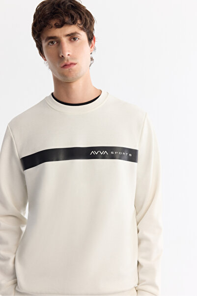 Avva Erkek Ekru Bisiklet Yaka Pamuklu Baskılı Elastan Regular Fit Sweatshirt A42Y1260