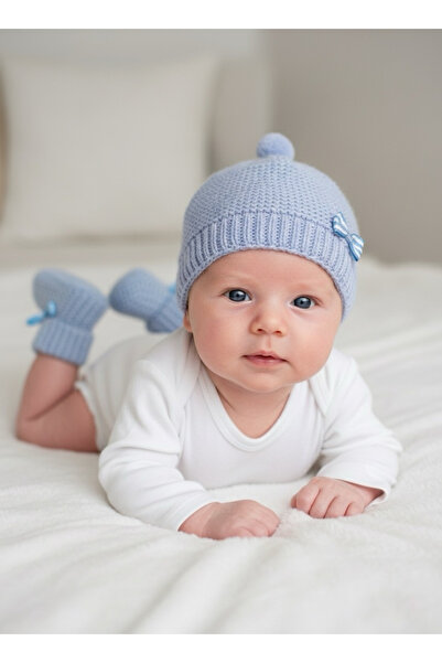 Butik Hand Knitted Blue Beanie & Booties Set with Ribbon for Newborn Baby
