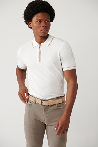 Avva Men's Ecru Zippered Textured Rayon Polo Neck Knitwear Regular Fit T-Shirt A41Y5002