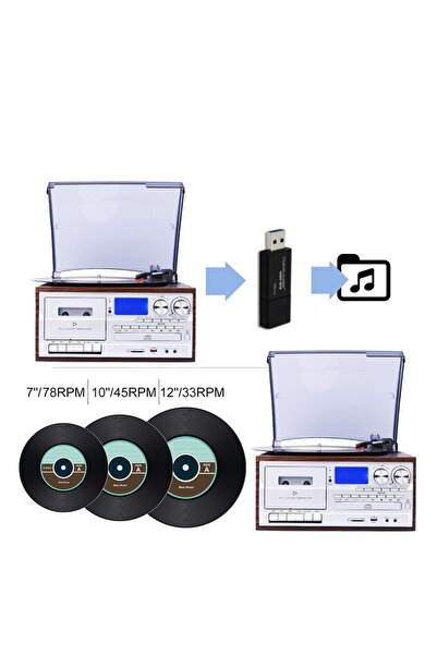 Genel Markalar KN-110 Walnut Bluetooth Kumandalı Cdli Kaset Usb Radyo 33-45-78 Plaklar Çalar Pikap