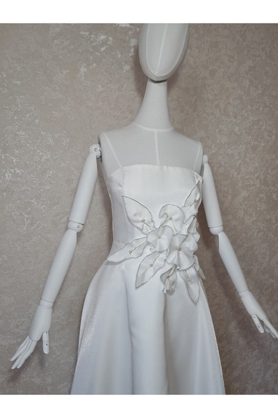 MHM STUDIO Özel Tasarım Merve Hamamcı Bridal beyaz midi boy özel yapım çiçekli nişan nikah after parti elbise