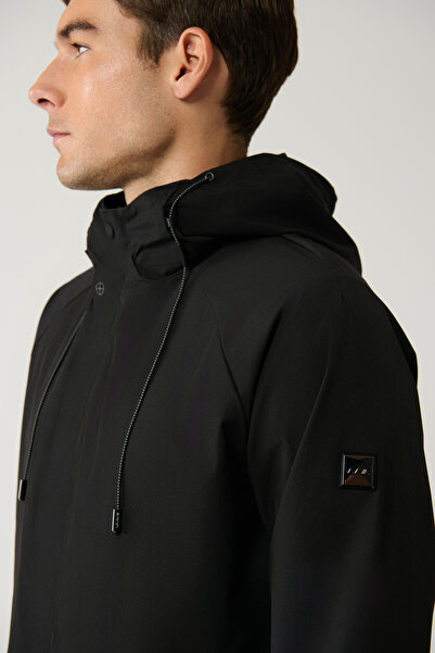 Avva Men's Black Hooded Collar Raglan Sleeve Water Repellent Seasonal Comfort Fit Coat A41Y6036