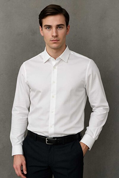 Ramires Men's White Slim Fit Slim Fit Plain Hard Collar Long Sleeve Shirt