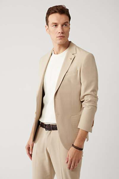 Avva Men's Beige Slit Unlined Flexible Fabric Comfort Slim Fit Comfort Slim Fit Jacket A41Y4000