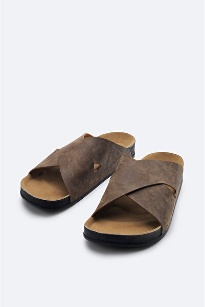 Avva Erkek Vizon Çapraz Bantlı Deri Görünümlü Esnek Taban Terlik A41Y8300