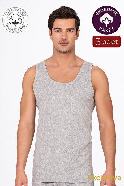 Kompedan 3'lü Paket Pamuklu Süprem Kalın Askılı Klasik Erkek Atlet | Gri K0050