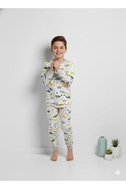 MADALİNA Set de pijamale pentru băiat, 100% bumbac, cu model elefant galben