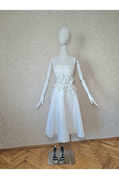 MHM STUDIO Özel Tasarım Merve Hamamcı Bridal beyaz midi boy özel yapım çiçekli nişan nikah after parti elbise