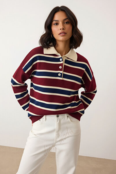 Dier Moda سترة تريكو نسائية ذات ياقة بولو بأزرار مخططة باللون العنابي، سترة نسائية Fmoda2280