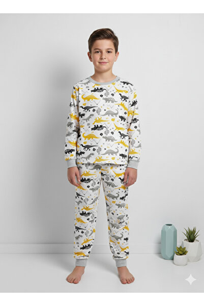 MADALİNA Set de pijamale pentru băiat, 100% bumbac, cu model elefant galben