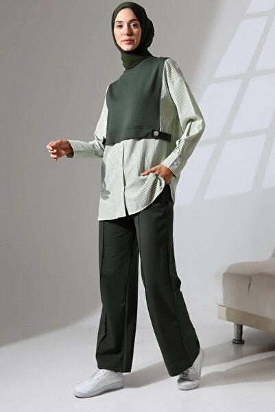 Mihran Butik طقم رياضي نسائي باللون الأخضر الكاكي - طقم تونيك وبنطلون من القط...