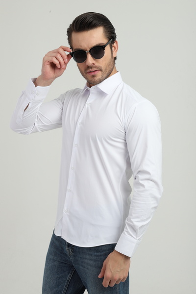 ANDINO قميص رجالي أبيض منقوش بقصة ضيقة من الليكرا بتصميم ضيق AS0710716-01