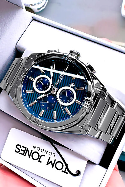 Tom Jones ساعة يد رجالية أصلية مقاومة للماء فضية اللون من الفولاذ بسوار هدية Gtje2098c1