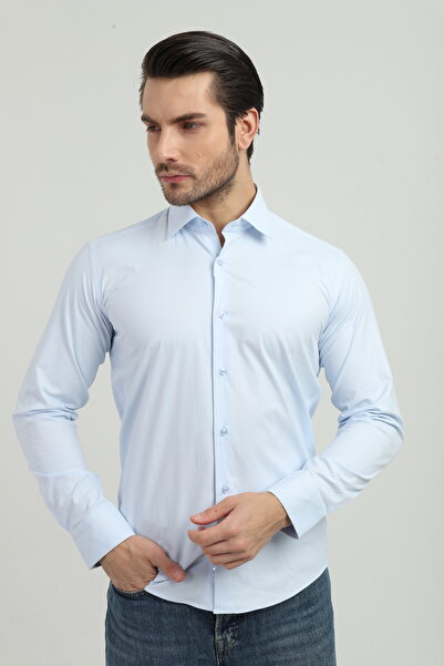 ANDINO Slimfit Blue Patterned Men's Shirt with Lycra Slim Fit Structure As071...