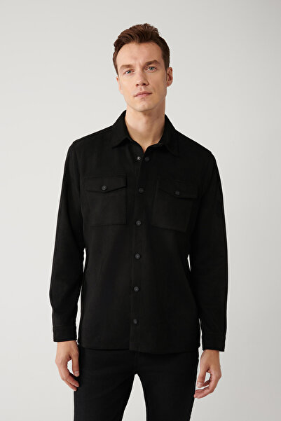 Avva Ανδρικό μαύρο σουέτ πουκάμισο με κουμπωτές τσέπες στο μπροστινό μέρος A41Y6010