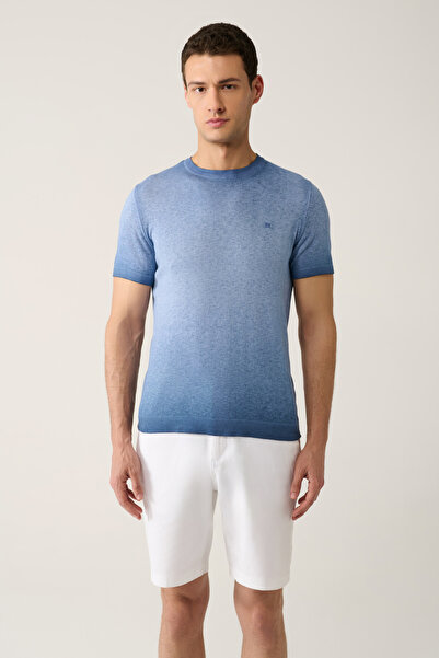 Avva Ανδρικό μπλουζάκι με εφέ βαφής με λαιμόκοψη Indigo, πλεκτό με κανονική εφαρμογή A41Y5115
