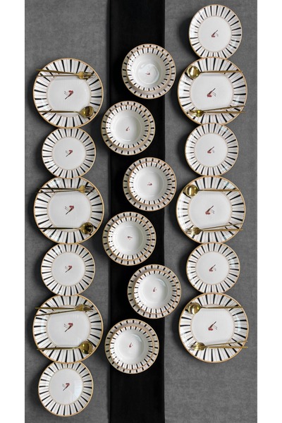 Erbaşlar Sevda Kuşu Siyah Yuvarlak 24 Parça 6 Kişilik Lüx Yemek Takımı Seti Y...