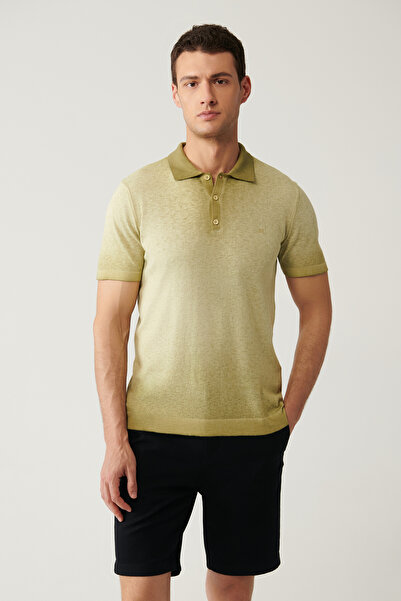 Avva Men's Light Khaki 3-Button Paint Effect Polo Neck Knitwear Regular Fit T-Shirt A41Y5114