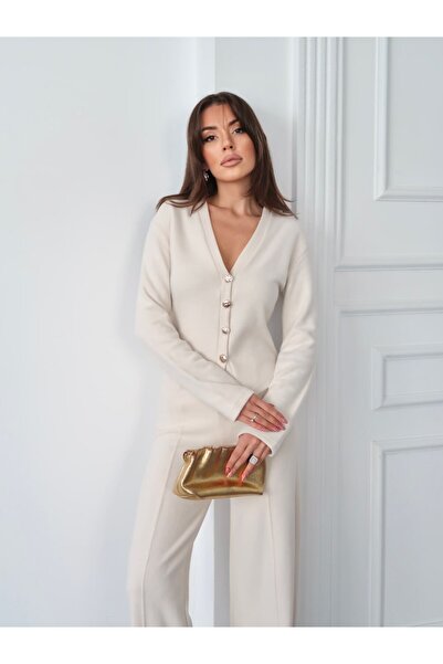 Mars Selanik Triko ZR Model Gold Düğmeli Hırka - Çimalı Palazzo Pantolon Takım