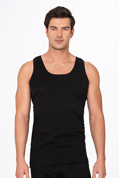 Kompedan Erkek %100 Pamuklu Ribana Esnek Yumuşak Kalın Askılı Atlet | Siyah K0113