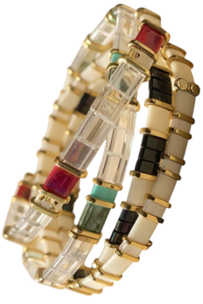 NAZLI TAKILAR Set of 4 Cream Colored Handmade Elastic Miyuki Tila Glass Beaded Bracelets