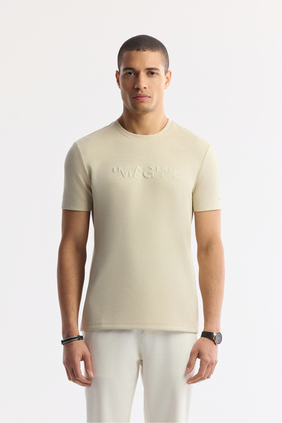 Avva Erkek Bej Bisiklet Yaka Baskılı Basic Regular Fit T-Shirt A41Y1167