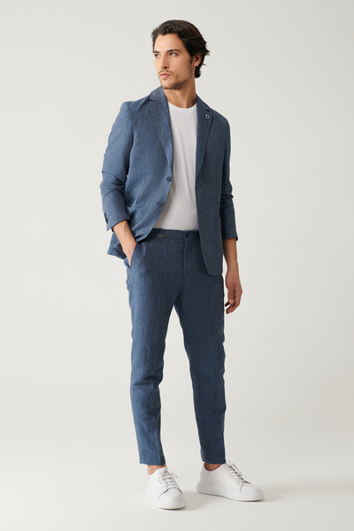 Avva Erkek Mavi Relaxed Fit Beli Lastikli Keten Karışımlı Linen Touch Takım Elbise Pantolonu A41y3260