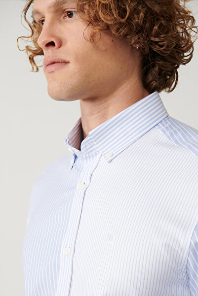 Avva Cămașă pentru bărbați, albastră, 100% bumbac, cu guler cu nasturi, cu broderie în dungi, slim fit A41Y2206