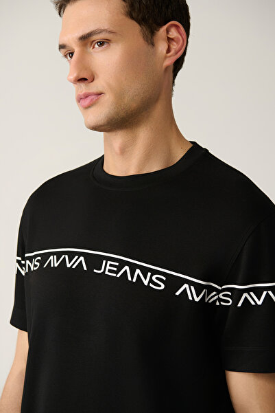 Avva Ανδρικό μπλουζάκι με μαύρο στάμπα με λαιμόκοψη με απαλή αφή κανονική εφαρμογή A41Y1329