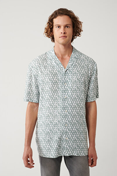 Avva Мъжка каки 100% вискоза с апаж яка, принт, къс ръкав, редовна кройка, риза A41Y2148