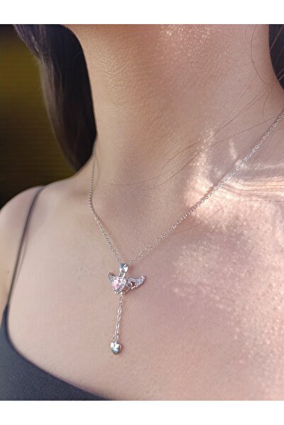 BeyzHal Kadın Gümüş Renk Kanatlı Kalp Taşlı Kolye Zarif ve Işıltılı Melek Tem...