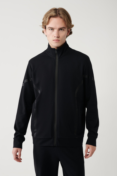 Avva Men's Black Stand Collar Zippered Printed Regular Fit Sweatshirt A41Y1230