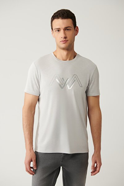 Avva Men's Light Gray Crew Neck Printed Soft Touch Regular Fit T-Shirt A41Y1131