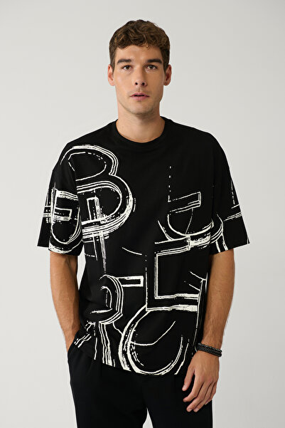 Avva Pánské černé tričko ze 100% bavlny s potiskem a výstřihem Crew Neck Oversize Fit A41Y1377