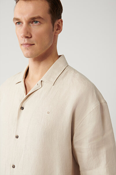 Avva Ανδρικό πουκάμισο με γιακά μπεζ απάζι 100% λινό κοντομάνικο oversize A41Y2209