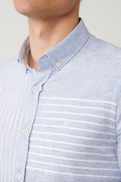 Avva Cămașă pentru bărbați, albastru deschis, cu dungi, garnituri, amestec de in, cu croială normală A41Y2066
