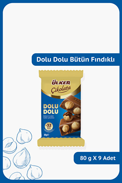 Ülker DOLU DOLU %32 Bütün Fındıklı Sütlü Çikolata - 80 gram - 9 Adet
