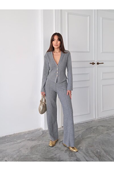 Mars Selanik Triko ZR Model Gold Düğmeli Hırka - Çimalı Palazzo Pantolon Takım