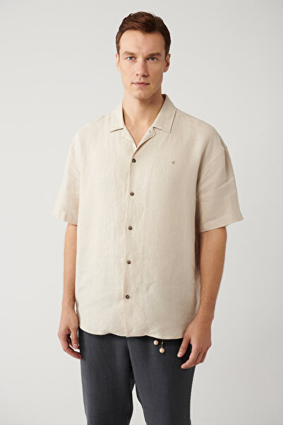 Avva Ανδρικό πουκάμισο με γιακά μπεζ απάζι 100% λινό κοντομάνικο oversize A41Y2209