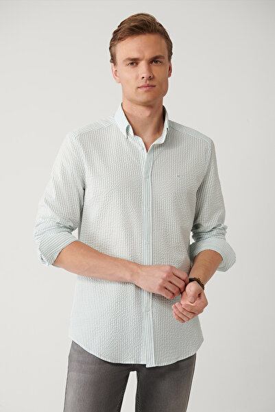 Avva Cămașă pentru bărbați, albastru deschis, cu guler cu nasturi, cu căptușeală, ușor de călcat, slim fit A41Y2082