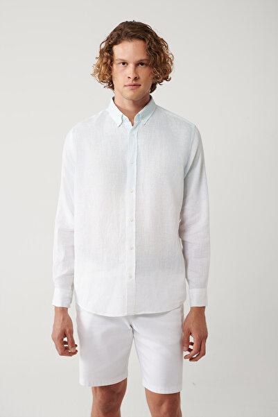 Avva Erkek Açık Mavi Düğmeli Yaka %100 Keten Comfort Fit Gömlek A41Y2195